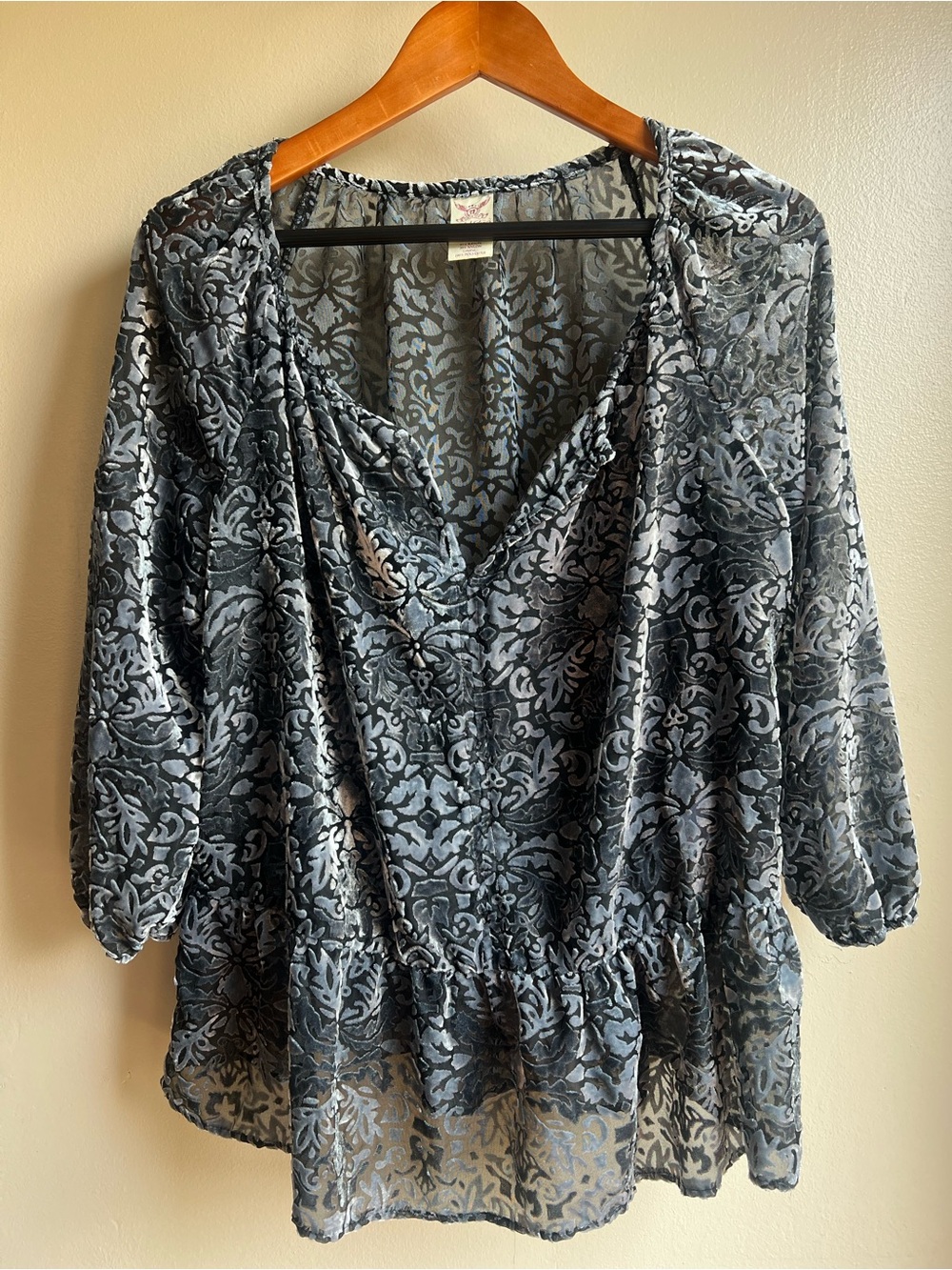 Faded Glory Burnout Velvet Blouse L 12-14 Gray Floral Whimsigoth Y2K Tunic
